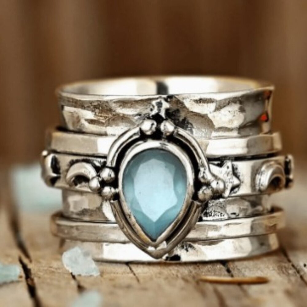 Bohemian Wide Face Silver Plated Copper Ring Blue Synthetic Zirconia Size 8 - Picture 1 of 5